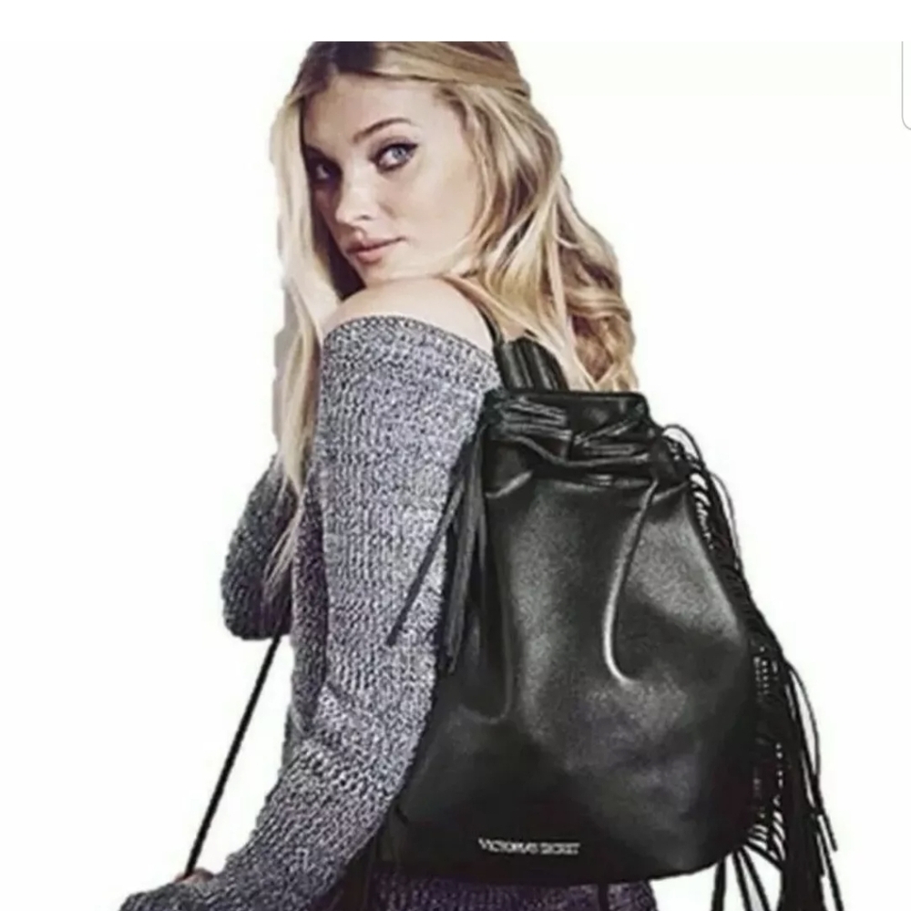 Victoria's Secret Black Faux Leather Fringe Drawstring Backpack NWT